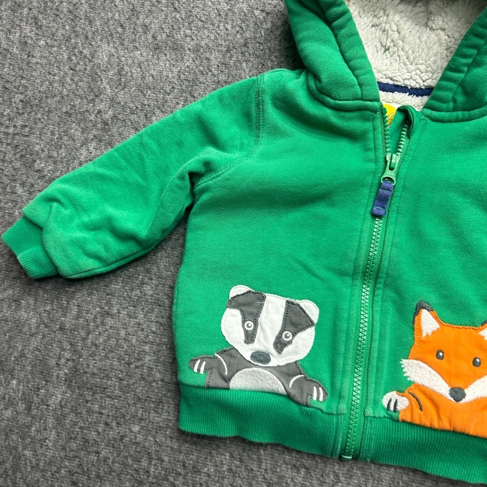 Baby Boden Hoodie Green Raccoon Fox Applique Kids Size 9-12M‎ Full Zip Boys - Picture 2 of 7